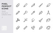 Drawing tools line icons set. Pen, pencil, paintbrush, dropper, stamp, smudge, paint bucket minimal vector illustrations. Simple outline signs for web interface. 30x30 Pixel Perfect. Editable Strokes