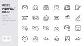 Email line icons set. Letter, spam mail, open envelope, postage stamp, mailbox, new document minimal vector illustrations. Simple flat outline signs for web. 30x30 Pixel Perfect. Editable Strokes