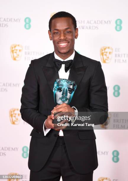 Micheal Ward with the EE Rising Star Award poses in the Winners Room during the EE British Academy Film Awards 2020 at Royal Albert Hall on February...