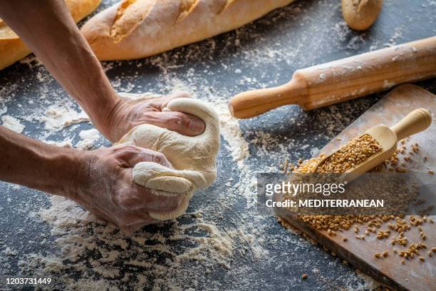 baker man hands breadmaking kneading bread - bakery imagens e fotografias de stock