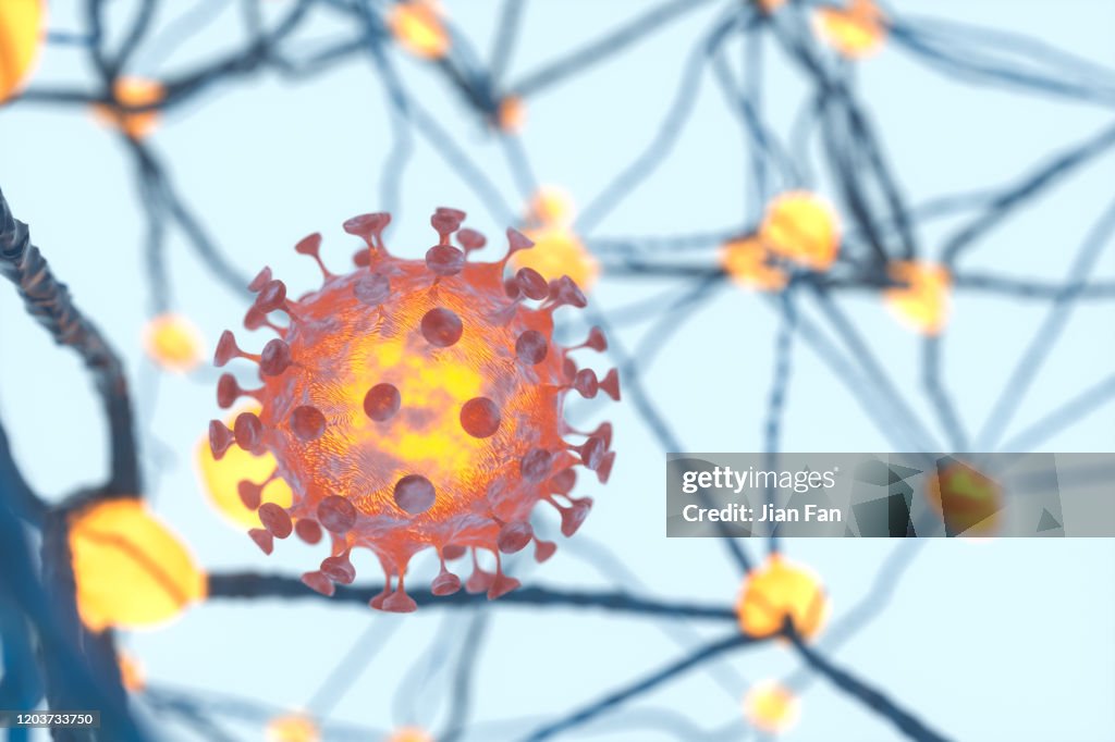 分散的冠狀病毒與神經系統背景，3D渲染。