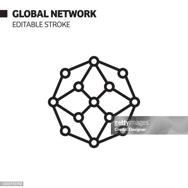 illustrazioni stock, clip art, cartoni animati e icone di tendenza di icona linea di rete globale, illustrazione del simbolo vettoriale del contorno. pixel perfetto, tratto modificabile. - network