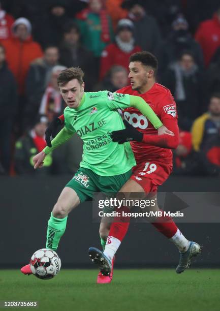 Indy Boonen of Kv Oostende battles for the ball with Selim Amallah of Standard during the Jupiler Pro League match between Standard Liege and KV...