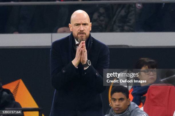 Head coach Erik ten Hag of Ajax Amsterdam gestures during the UEFA Europa League round of 32 second leg match between AFC Ajax and Getafe CF at...