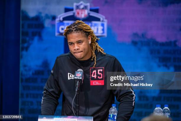 Chase Young #DL45 of the Ohio State Buckeyes speaks to the media on day three of the NFL Combine at Lucas Oil Stadium on February 27, 2020 in...