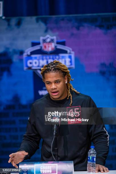Chase Young #DL45 of the Ohio State Buckeyes speaks to the media on day three of the NFL Combine at Lucas Oil Stadium on February 27, 2020 in...