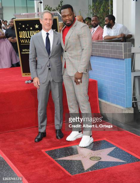 Lionsgate CEO Jon Feltheimer with Curtis "50 Cent" Jackson at his star ceremony on the Hollywood Walk of Fame on January 30, 2020 in Hollywood,...