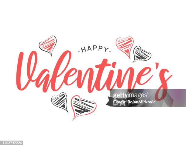 valentines day lettering card with hand drawn hearts. vector - happy valentines day stock illustrations