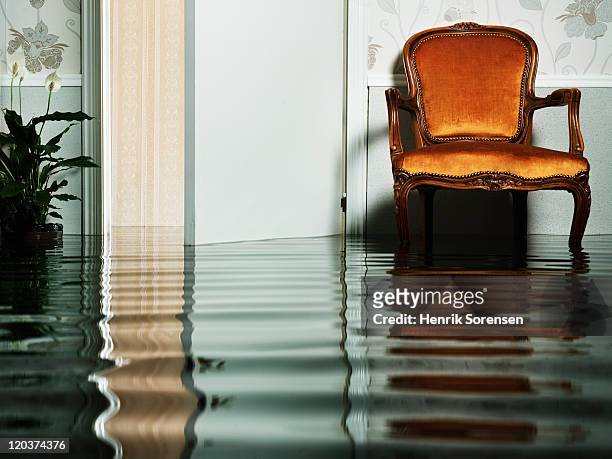 chair in flooded living room - flooded home stockfoto's en -beelden