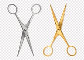 Realistic scissors. Silver and gold metal classic scissors tool mockup, hairdresser or tailor instrument isolated vector set