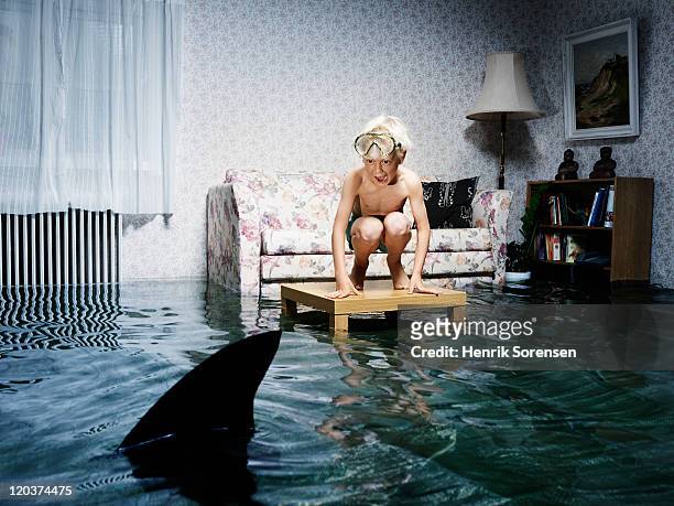 boy lookin at shark fin in flooded room - flooded home stock-fotos und bilder