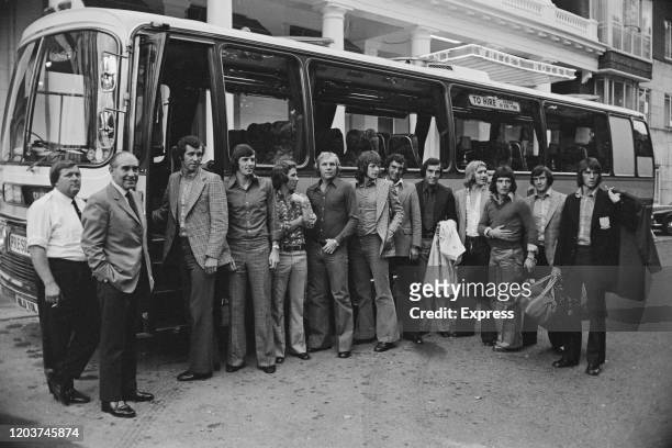 The England team pose in front of the team bus ahead of their friendly international against Austria at Wembley Stadium in London, England, 24th...