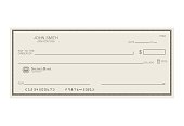 Blank bank cheque. Personal desk check template with empty field to fill. Banknote, money design,currency, bank note, voucher, gift certificate, money coupon vector illustration.