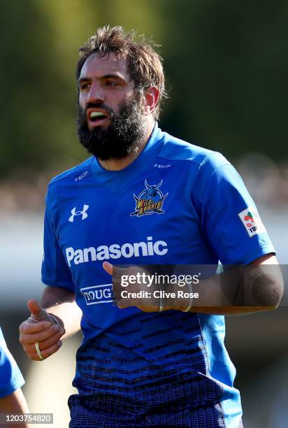 Sam Whitelock of Panasonic Wild Knights looks on during the Rugby Top League match between Canon Eagles and Panasonic Wild Knights at Machida GION...