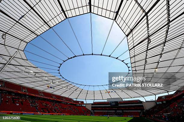 General view inside the BayArena stadium in Leverkusen, western Germany, during the football match of the FIFA women's football World Cup Colombia vs...