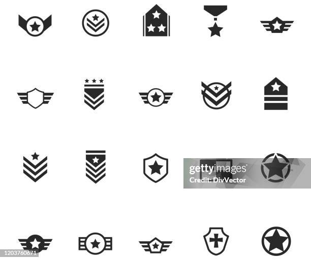 ilustrações, clipart, desenhos animados e ícones de conjunto de crachás e símbolos militory - tropas
