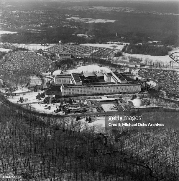 An aerial view of the headquarters of the CIA in Langley, Virginia, USA, circa 1970. The building was later renamed the George Bush Center for...