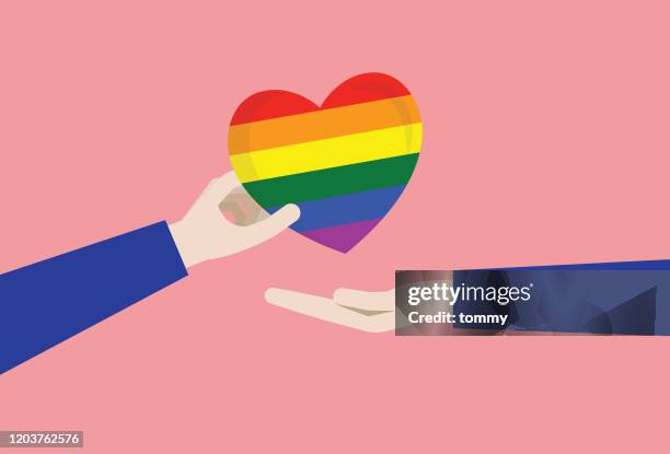 a couple gives a rainbow heart - lgbtqi people stock illustrations