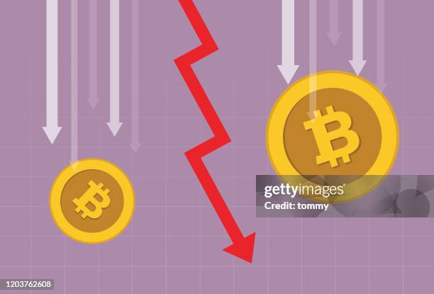 ilustrações, clipart, desenhos animados e ícones de moeda de criptomoeda e seta vermelha caindo - stock market crash