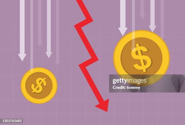 illustrations, cliparts, dessins animés et icônes de pièce de monnaie de dollar américain et flèche rouge descendant - pièce de monnaie américaine