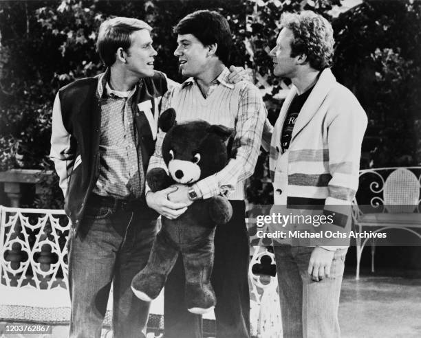 From left to right, American actors Ron Howard, Anson Williams and Donny Most in a scene from the television sitcom 'Happy Days', circa 1975.