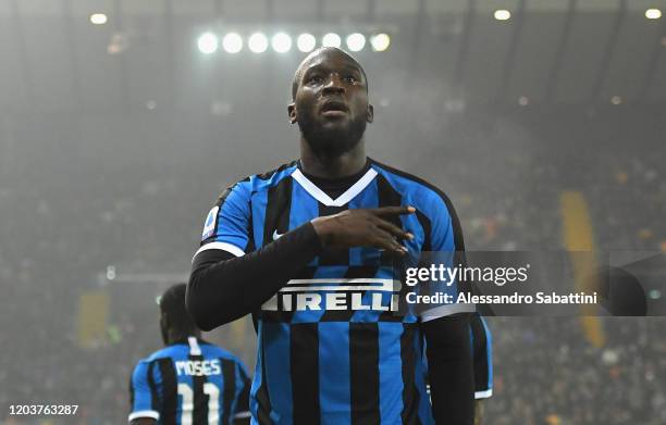 Romelu Lukaku of FC Internazionale celebrates after scoring the opening goal during the Serie A match between Udinese Calcio and FC Internazionale at...