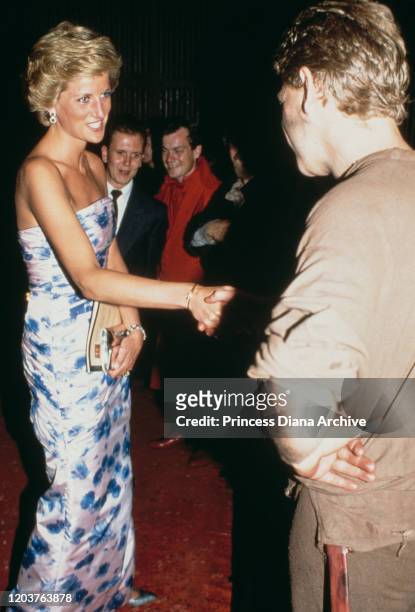 Diana, Princess of Wales meets Kenneth Branagh and the rest of the cast after a Renaissance Company performance of 'King Lear' in Budapest, Hungary,...