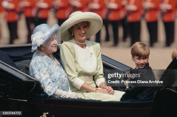 Diana, Princess of Wales in a carriage with the Queen Mother and Prince William during the Trooping the Colour ceremony at Buckingham Palace in...