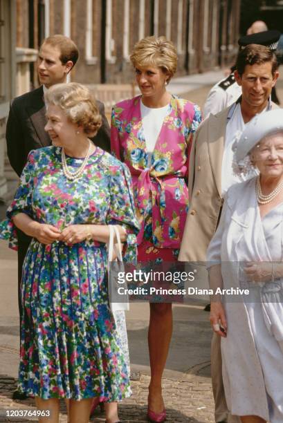 Members of the royal family at Clarence House in London for the Queen Mother's 90th birthday, 4th August 1990. From left to right, Prince Edward,...