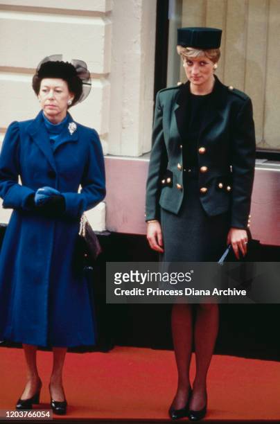 Princess Margaret and Diana, Princess of Wales wait at Victoria Station in London for the arrival of Italian President Francesco Cossiga on a State...