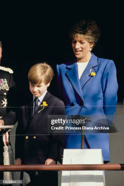 Diana, Princess of Wales accompanies her son Prince William on his first official engagement in Cardiff, Wales, 1st January 1991.