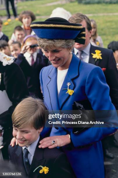 Diana, Princess of Wales accompanies her son Prince William on his first official engagement in Cardiff, Wales, 1st January 1991.