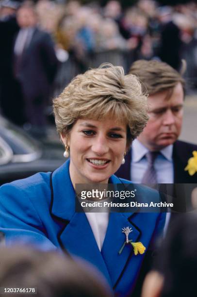 Diana, Princess of Wales in Cardiff, Wales, 1st January 1991. She is wearing a diamond brooch in the shape of a leek and a daffodil, both symbols of...