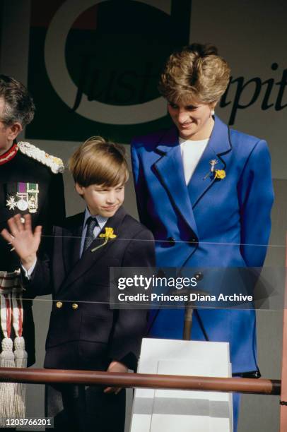 Diana, Princess of Wales accompanies her son Prince William on his first official engagement in Cardiff, Wales, 1st January 1991.
