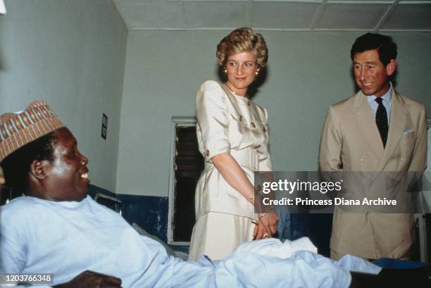 Prince Charles and Diana, Princess of Wales visit the Molai Centre, a leprosy hospital and rehabilitation village in Maiduguri, Nigeria, March 1990....
