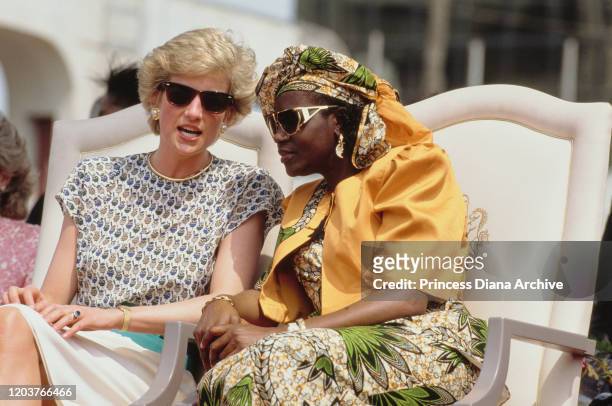 Diana, Princess of Wales attends a Better Life For Rural Dwellers women's fair in Tafawa Balewa Square, Lagos, Nigeria, accompanied by Maryam...