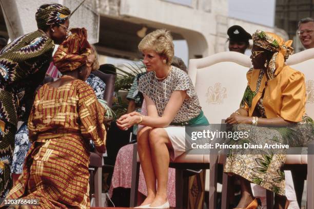 Diana, Princess of Wales attends a Better Life For Rural Dwellers women's fair in Tafawa Balewa Square, Lagos, Nigeria, accompanied by Maryam...