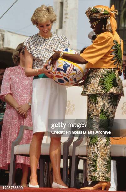 Diana, Princess of Wales attends a Better Life For Rural Dwellers women's fair in Tafawa Balewa Square, Lagos, Nigeria, accompanied by Maryam...