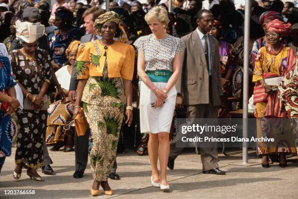 Diana, Princess of Wales attends a Better Life For Rural Dwellers women's fair in Tafawa Balewa Square, Lagos, Nigeria, accompanied by Maryam...