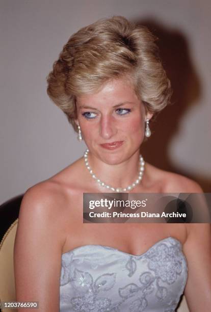 Diana, Princess of Wales attends a banquet at the presidential palace in Yaoundé, Cameroon, March 1990. She is wearing a beaded evening gown by...