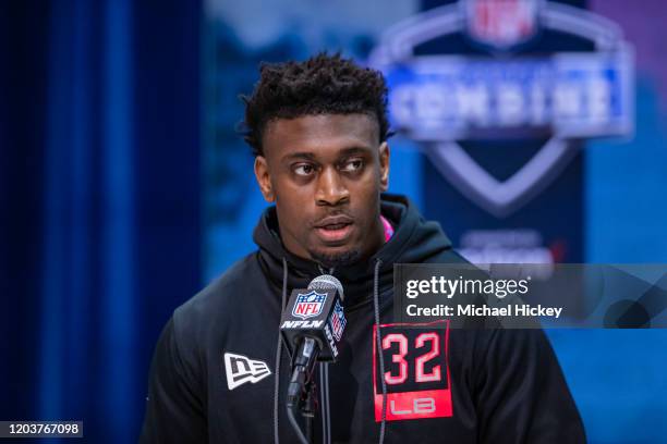 Patrick Queen #LB32 of the LSU Tigers speaks to the media on day three of the NFL Combine at Lucas Oil Stadium on February 27, 2020 in Indianapolis,...