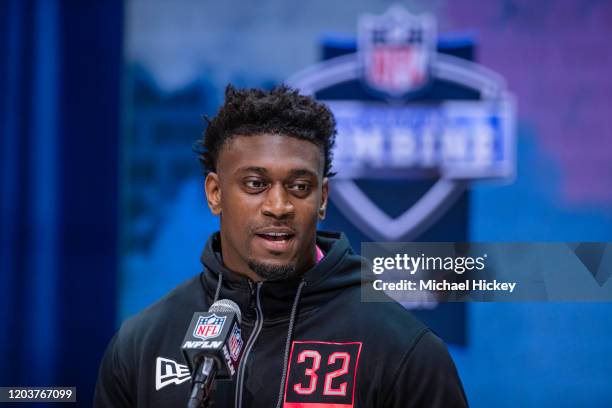 Patrick Queen #LB32 of the LSU Tigers speaks to the media on day three of the NFL Combine at Lucas Oil Stadium on February 27, 2020 in Indianapolis,...