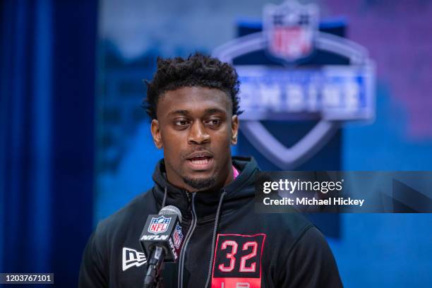 Patrick Queen #LB32 of the LSU Tigers speaks to the media on day three of the NFL Combine at Lucas Oil Stadium on February 27, 2020 in Indianapolis,...