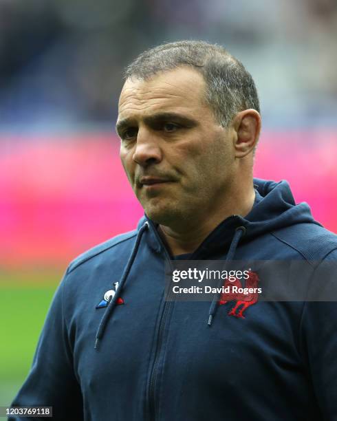 Raphael Ibanez, the France team manager looks on during the 2020 Guinness Six Nations match between France and England at Stade de France on February...