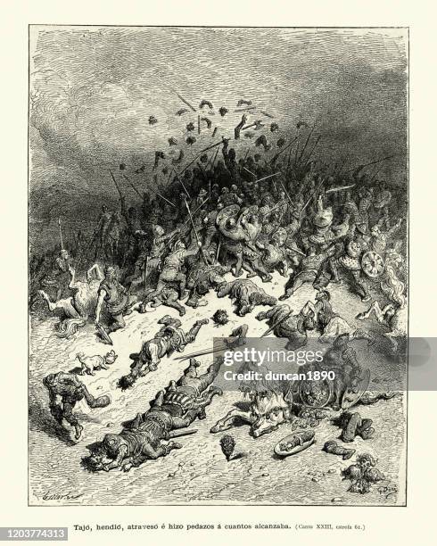 medieval hero knight slaughters the enemy army. orlando furioso - fantasy battle stock illustrations