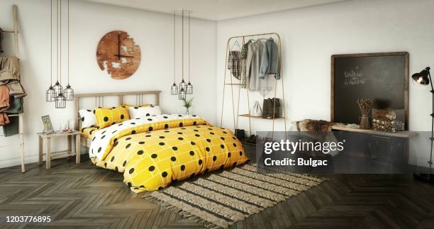 scandinavische gezellige slaapkamer - headboard stockfoto's en -beelden