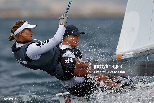 Tessa Parkinson and Belinda Stowell of Australia in action during a 470 Womens Class race during day four of the Weymouth and Portland International...