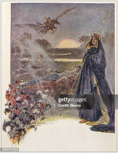 antique illustration: fantasy fable - the fairy queen stock illustrations