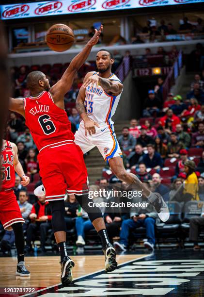 Terrance Ferguson of the Oklahoma City Thunder passes the ball against the Chicago Bulls on February 25, 2020 at the United Center in Chicago,...