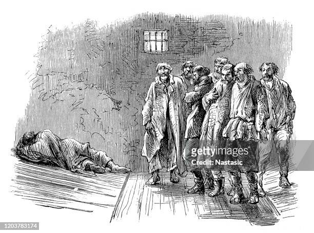prison cell with prisoners - british culture stock illustrations